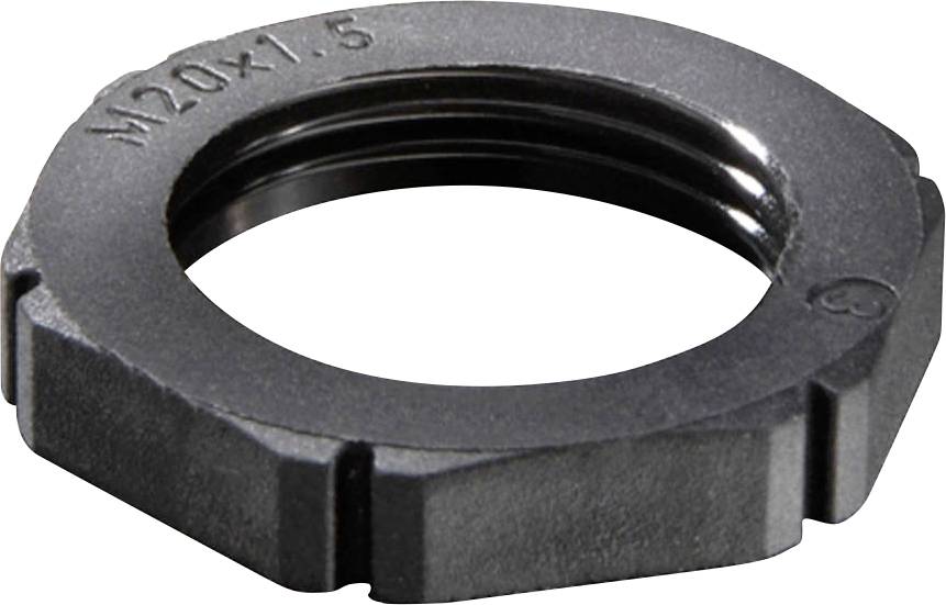 A hexagonal metal nut with thread, marked with 'M20x1.5', is used for securing components on a corresponding bolt.