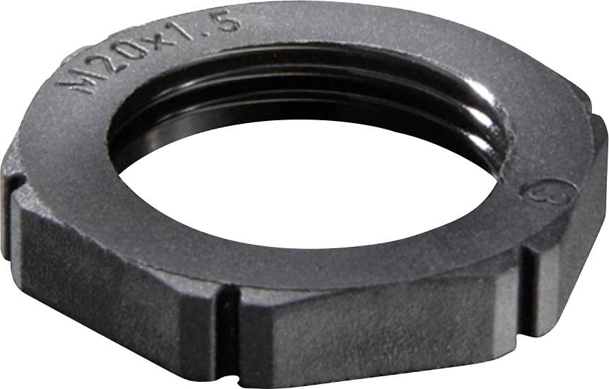 Hexagonal nut M20x1.5 made of black metal, showing thread and structure.