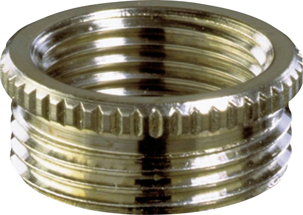 Metallic hose connector, cylindrical in shape, with threading for attaching to a garden hose or tap.