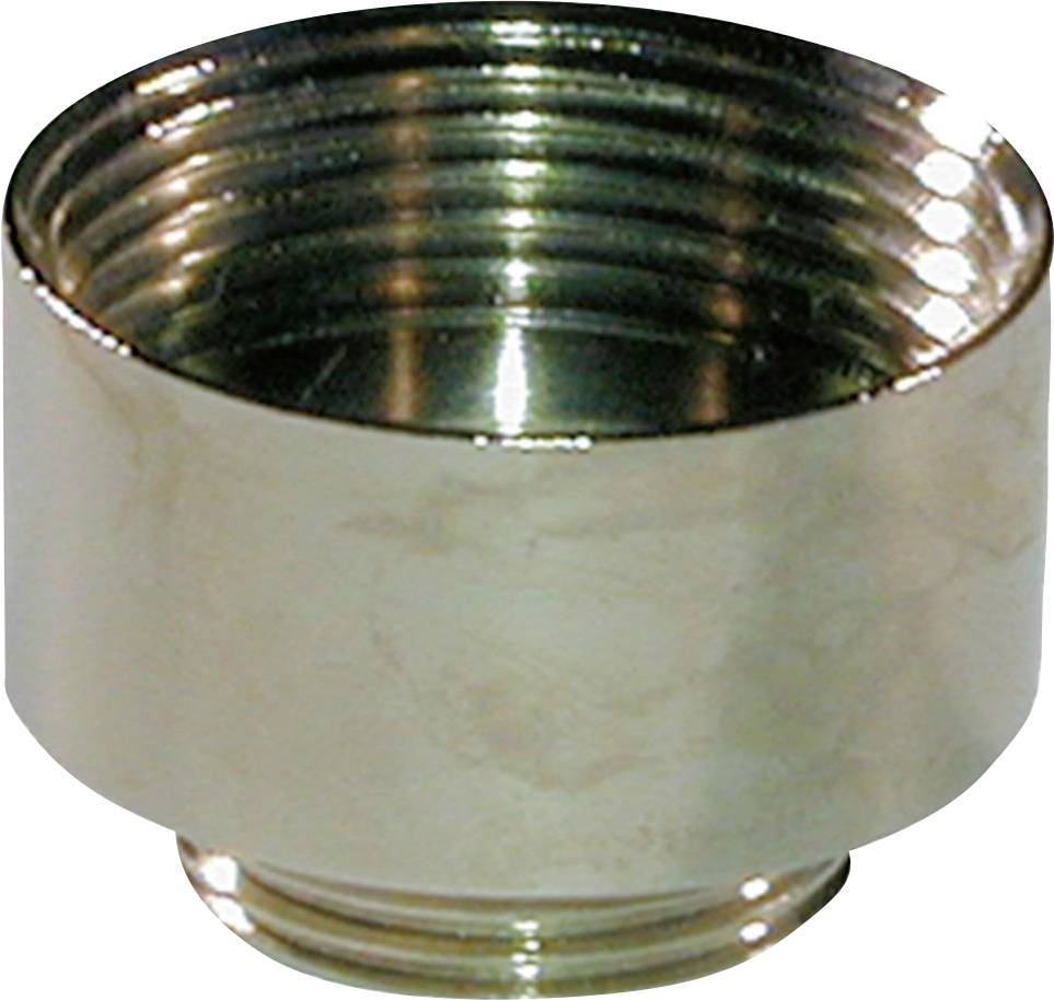 A chrome-plated adapter with internal and external threads for connecting sanitary fittings.