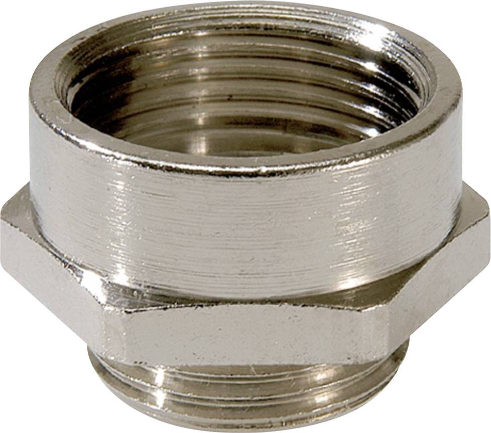 Hexagonal metal nut with internal threading, silver-coloured and lustrous, designed for fastening purposes in technical applications.