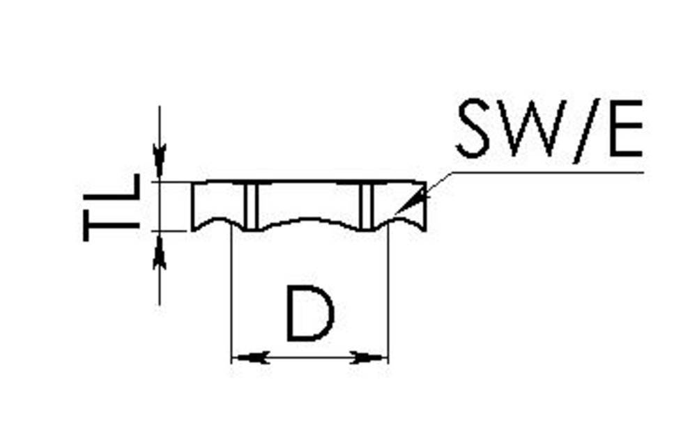 Technical drawing of a tool's profile cross-section. Labels show 'TL', 'D', and 'SW/E', indicating dimensions and specifications.