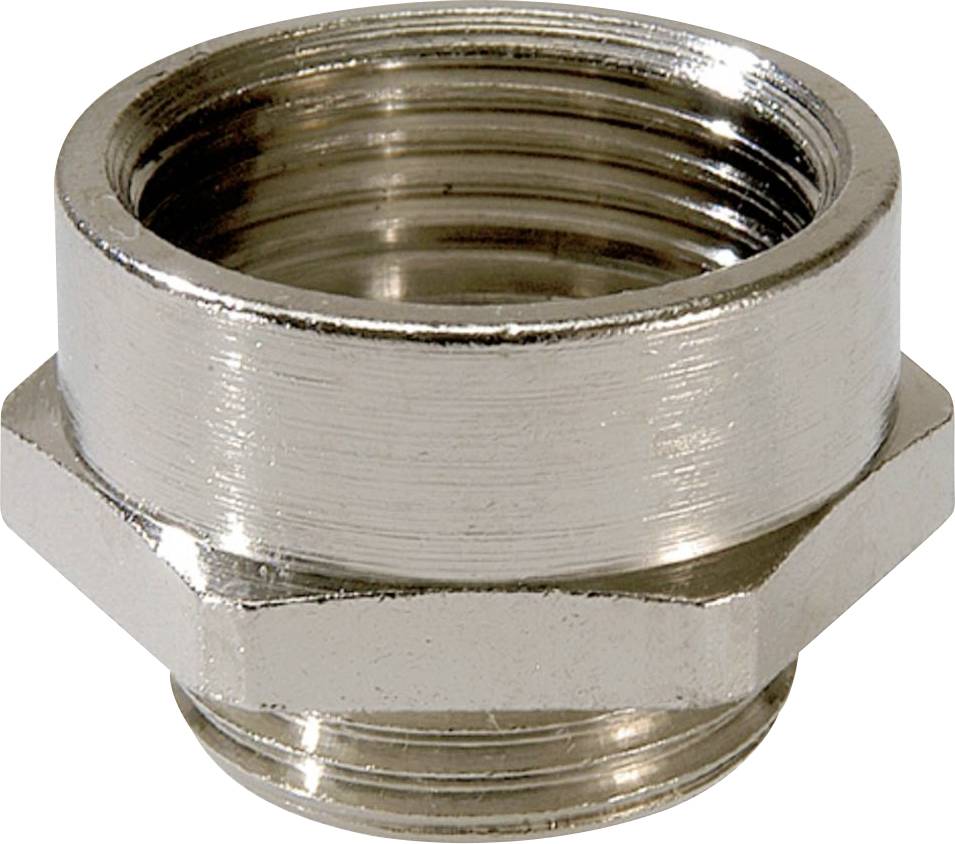 Chrome-plated metal adapter with thread, hexagonal shape, suitable for connecting pipes or hoses in installations.