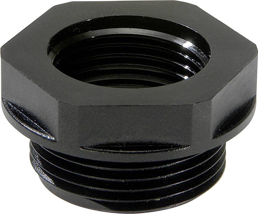 Black, hexagonal metal screw connector with thread, used for connecting or securing components in mechanical systems.