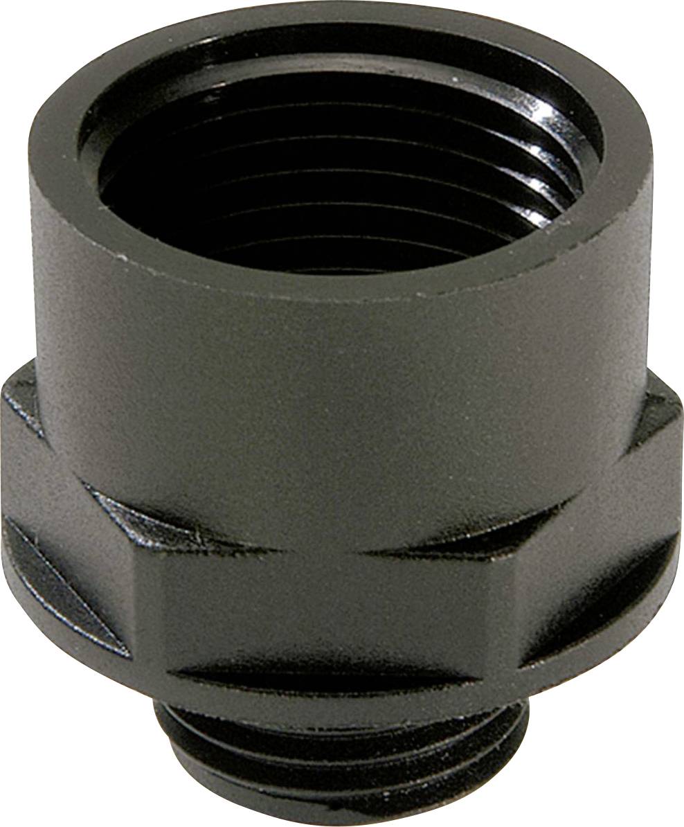 Black metal threaded coupling with a cylindrical shape. Used for connecting pipes or hoses in technical applications.