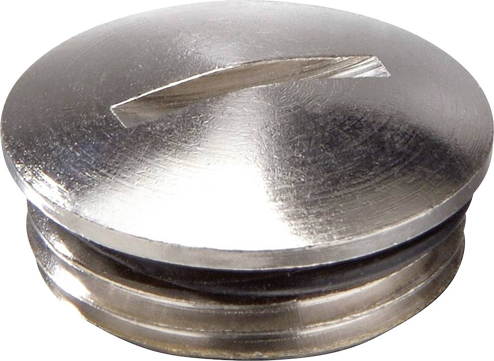 A flat, round metal plug with a groove, presumably for sealing a container or an opening.