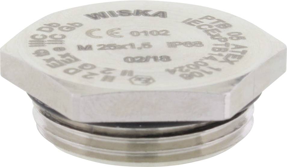 Round metallic cable gland with 'WISKA' inscription, certification and protection class markings, used for electrical applications.