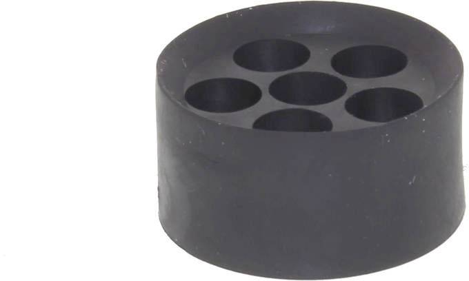 Black, cylindrical rubber component with six round indentations on the top surface, potentially a sealing element.