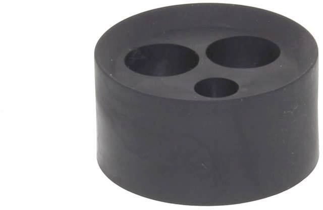 Black, cylindrical rubber stopper with three holes of different sizes for securely sealing bottles or tubes.