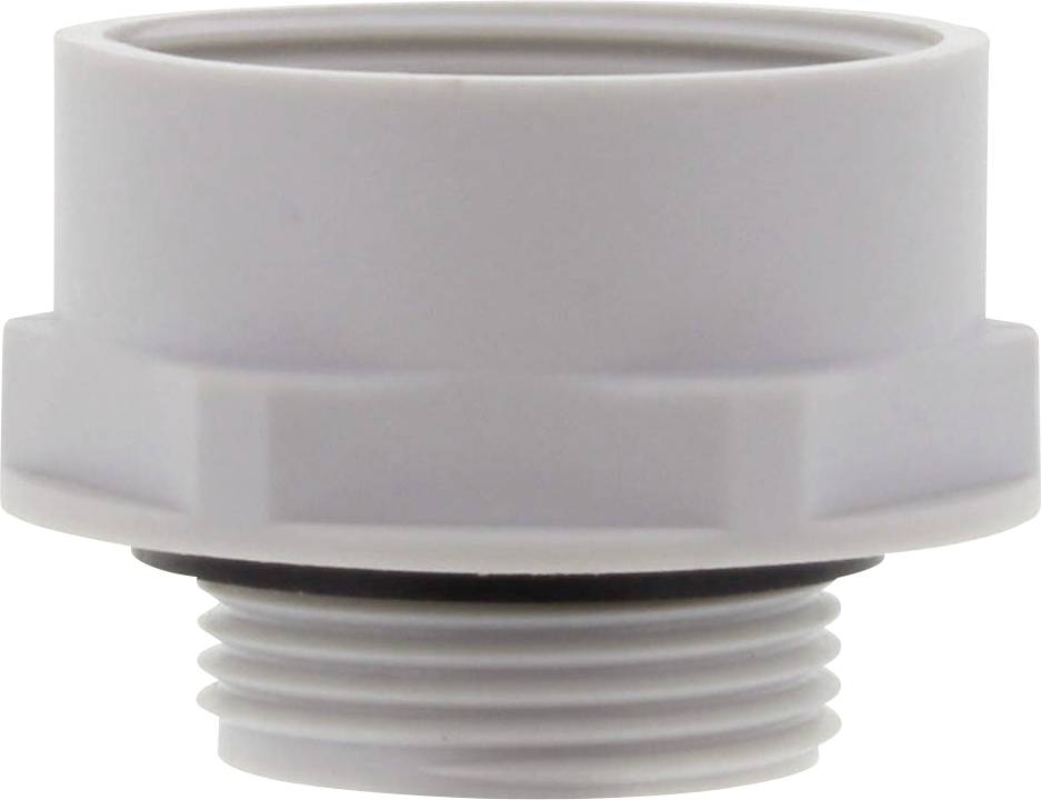 Grey plastic adapter with thread, round at the top and with a protruding ring at the bottom, for connecting pipes or hoses.