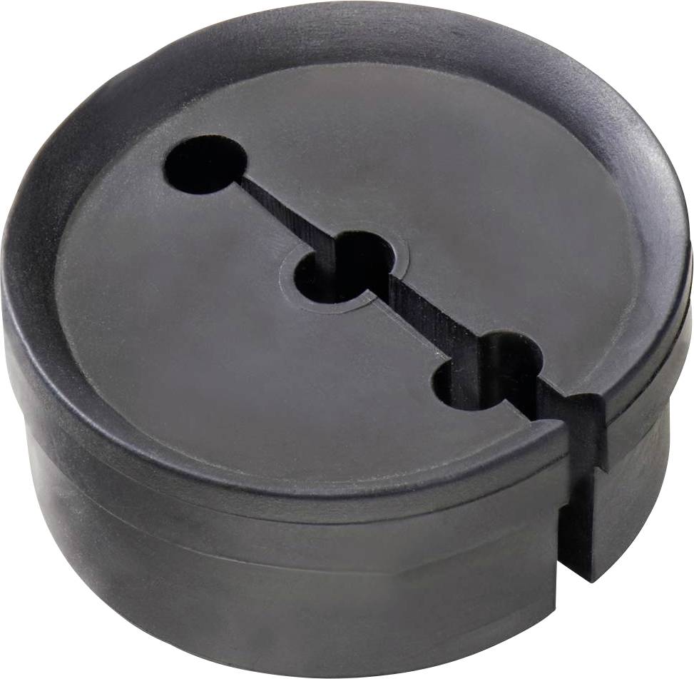 Black double-bladed pencil sharpener with a round shape and three openings to accommodate different pencil sizes.