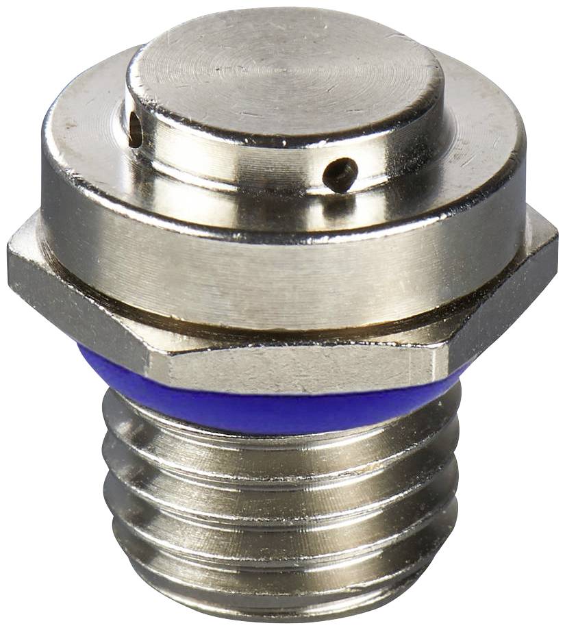 A silver metal valve with a hexagonal head and blue seal. It is cylindrical in shape with four small holes at the top.