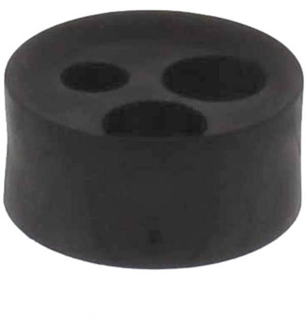 Round, black rubber stopper with three holes of varying sizes.
