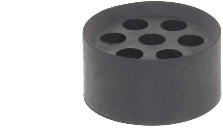 Black plastic stopper with seven round apertures, used for sealing or covering in pipes or containers.