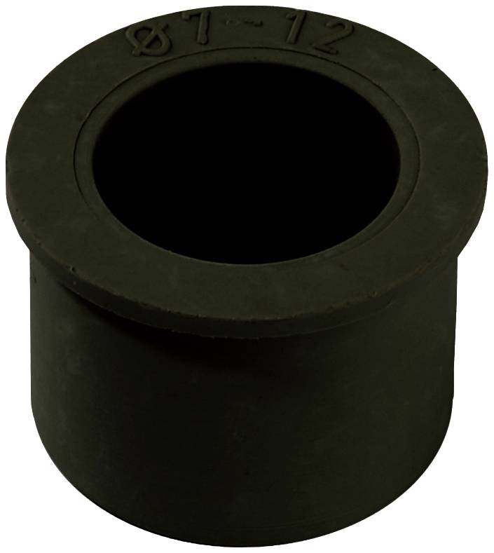 'Black rubber grommet, cylindrical in shape, upper edge marked with Ø7-12; used as a sealing or connecting element.'