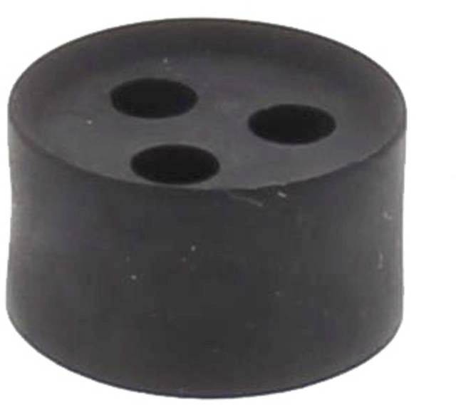 Black rubber stopper with three holes, top view.
