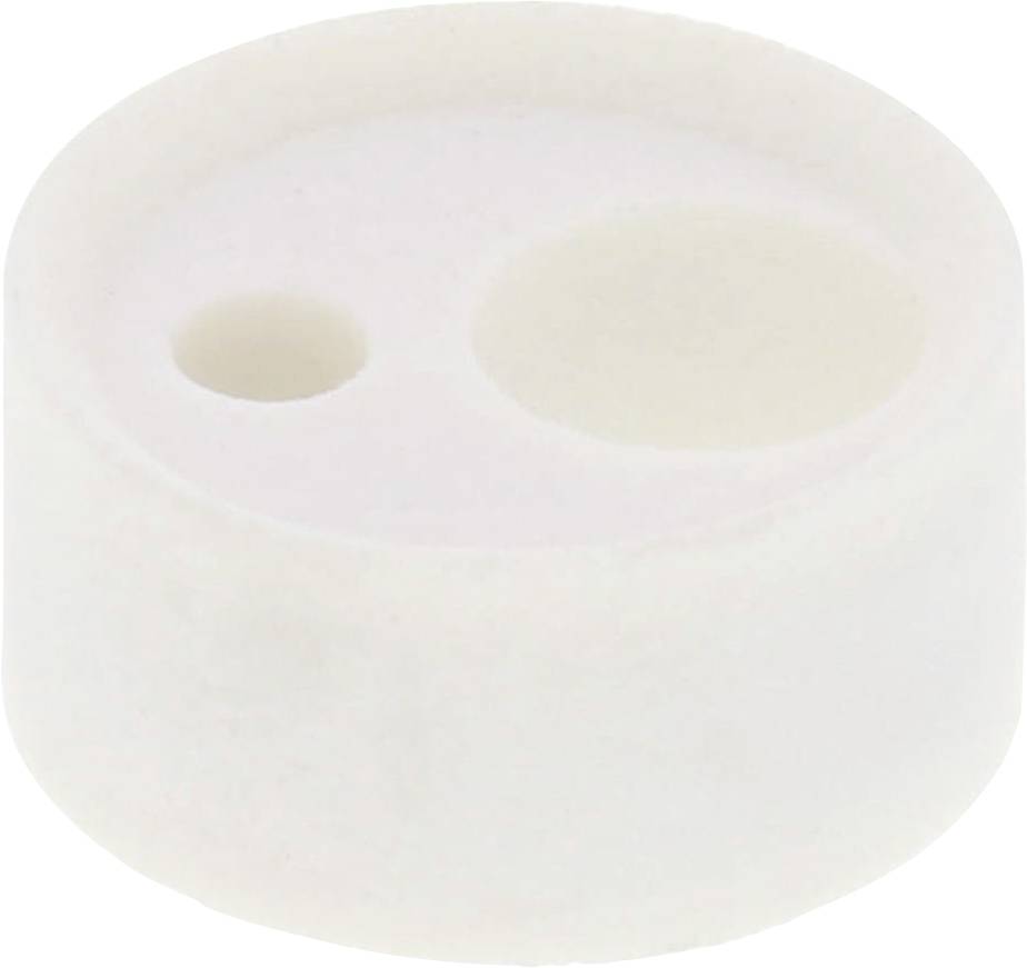 Cylindrical white plastic component with two round openings of different sizes.