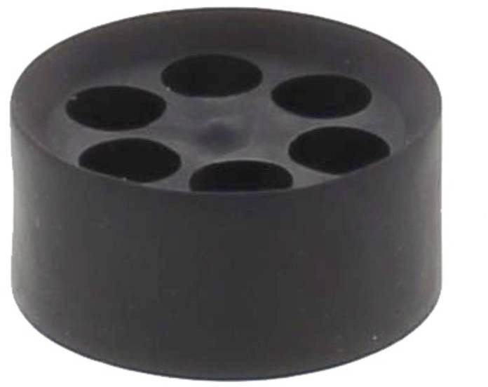 A black, round plastic piece with seven evenly distributed holes in the centre. Reminiscent of a drain cover.