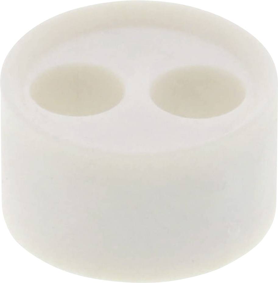A white cylindrical rubber seal with two symmetrical holes, used for insulation or sealing in technical applications.