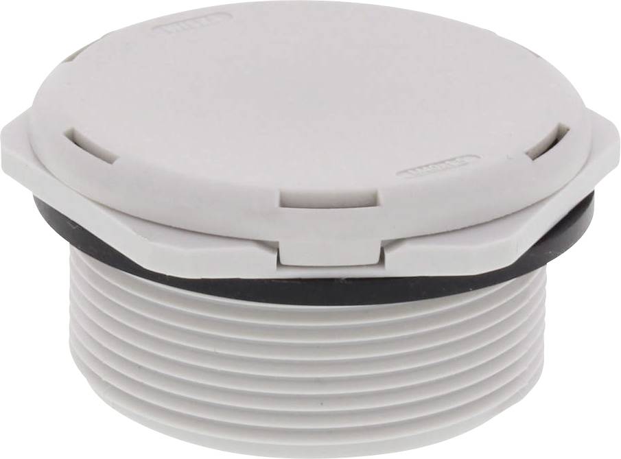 A grey, round threaded cap, likely for plumbing or heating installations.