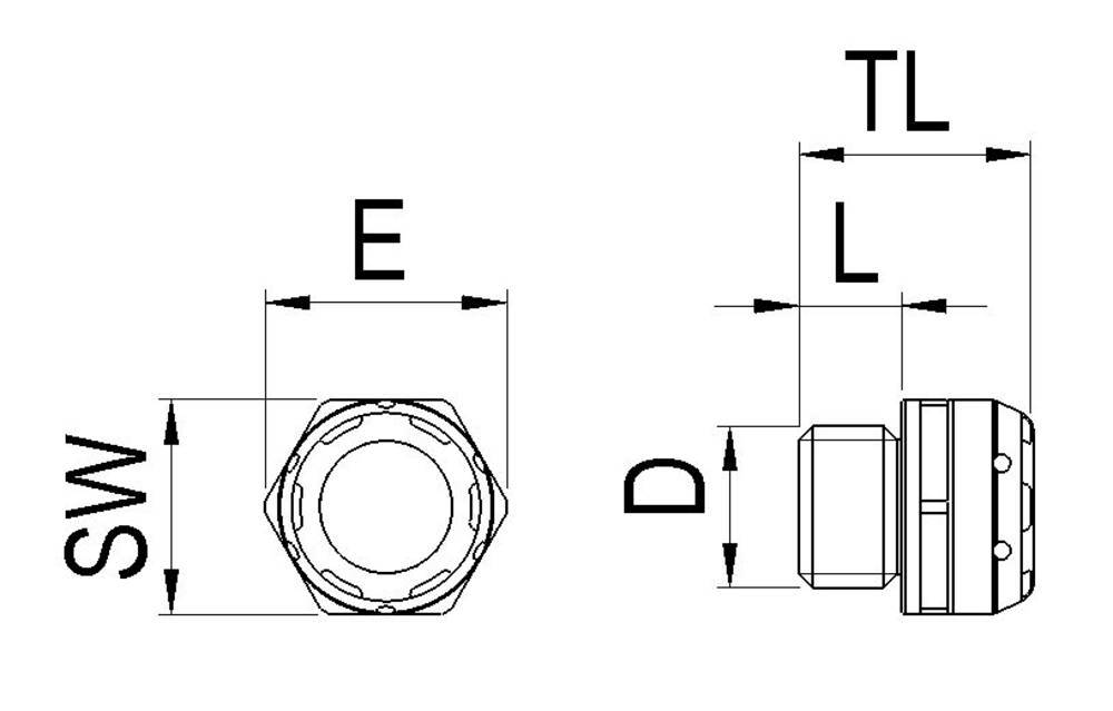 Technical drawing of a screw connection, showing side and top views with labels for diameter (D), length (L), across flats (SW) and thread (E).