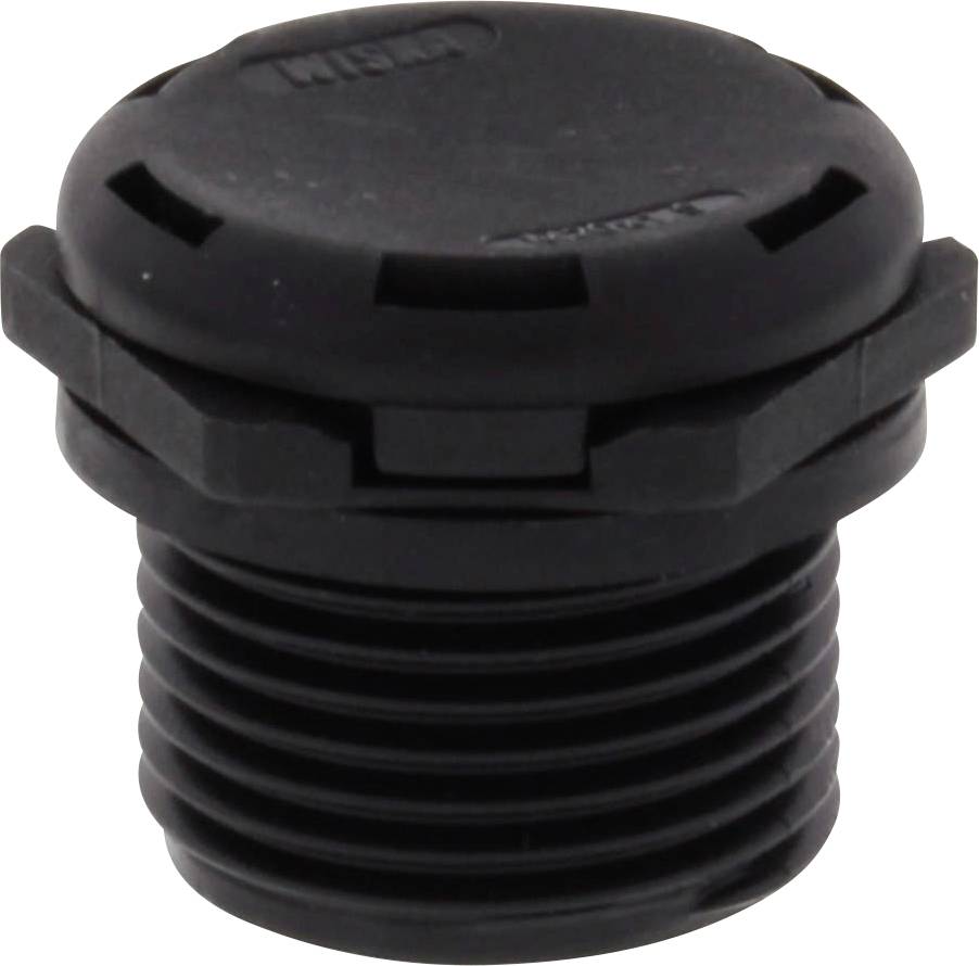 Black, round plastic screw cap with a rounded, textured lid.