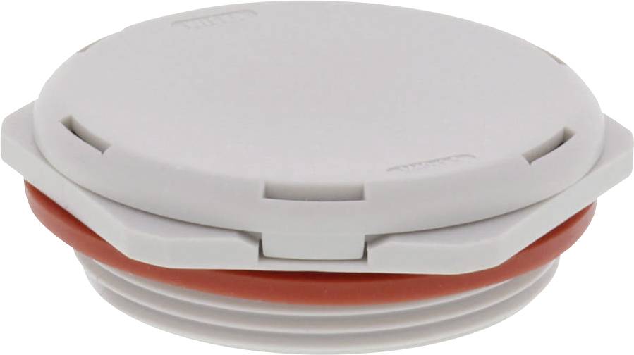 A round, grey plastic cap with a red sealing ring shows a cover that is likely used for sealing containers.