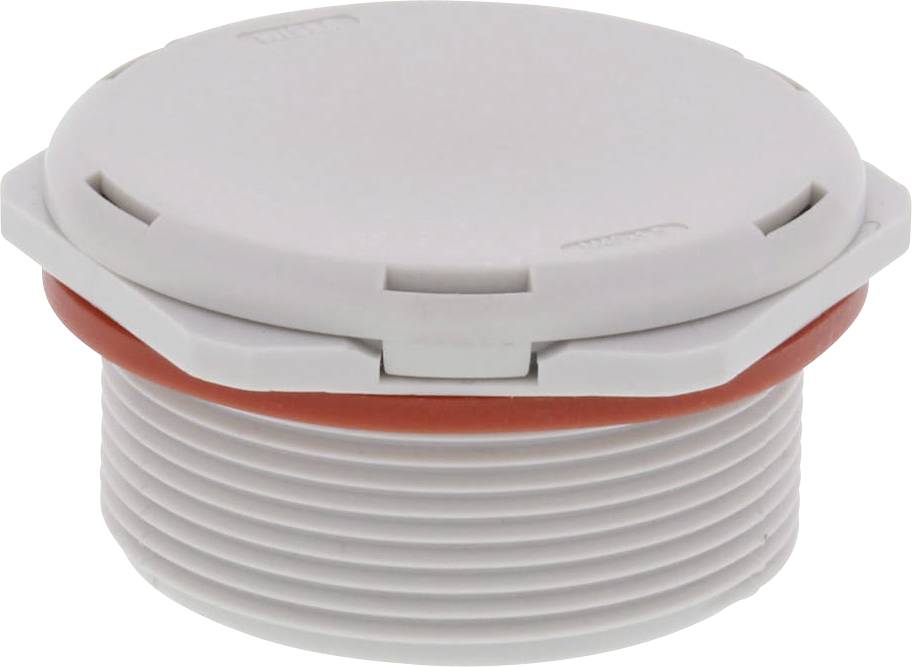 A round, white plastic cap with a red sealing ring. It has a screw thread and is used for container sealing.