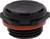 A black plastic cap with a red sealing ring and screw thread, used for sealing or fastening.