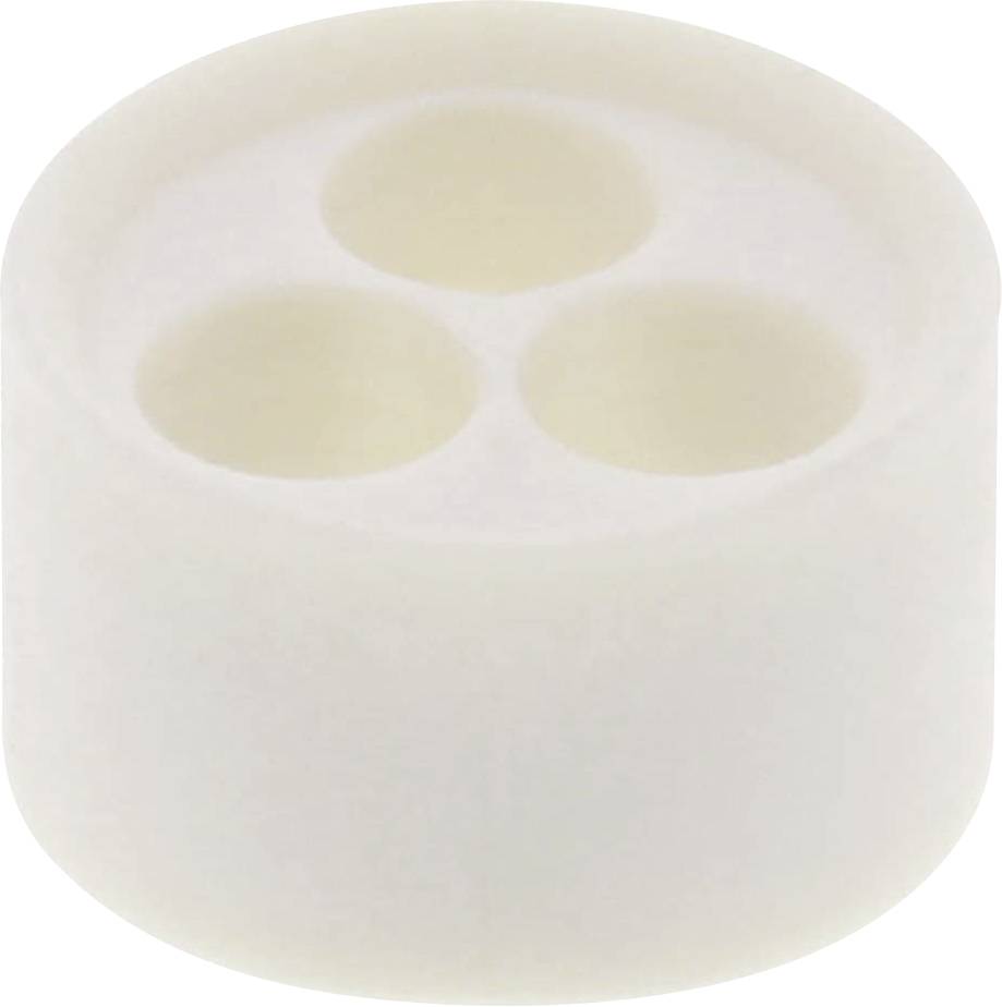 White, cylindrical object with three round indentations on the top surface.