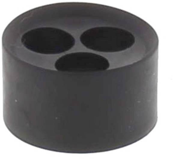 Black cylindrical rubber foot with three round openings on the top surface, used as a shock absorber or buffer.