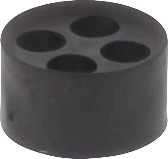 Black round cylinder with four evenly distributed vertical holes.