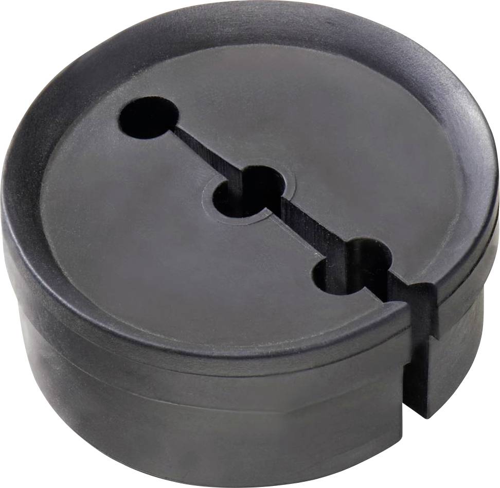 Round, black plastic disc with two connected holes and a slot on the side. Used for mounting or guiding.