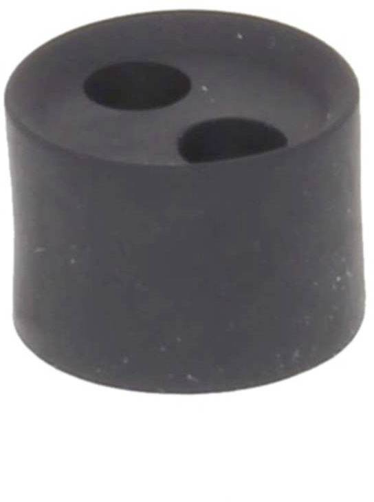 Black rubber bung with two holes, cylindrical in shape.