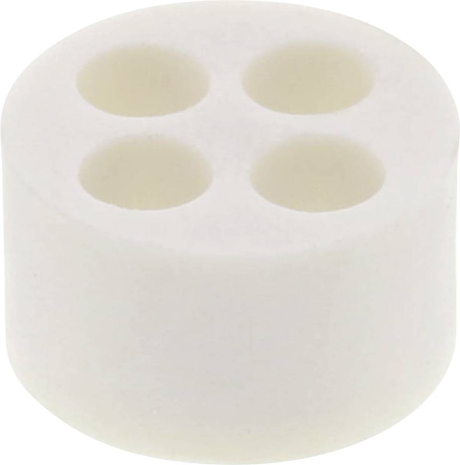 A cylinder made of white material with four evenly distributed round holes on the top surface.