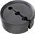 'Matt black door stop in a round shape, characterised by two holes and a side notch.'