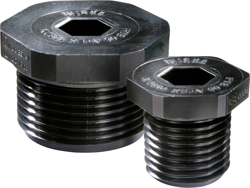 Two black hexagonal metal plugs with external threads, in different sizes. Both bear the engraving 'Atex 10654'.