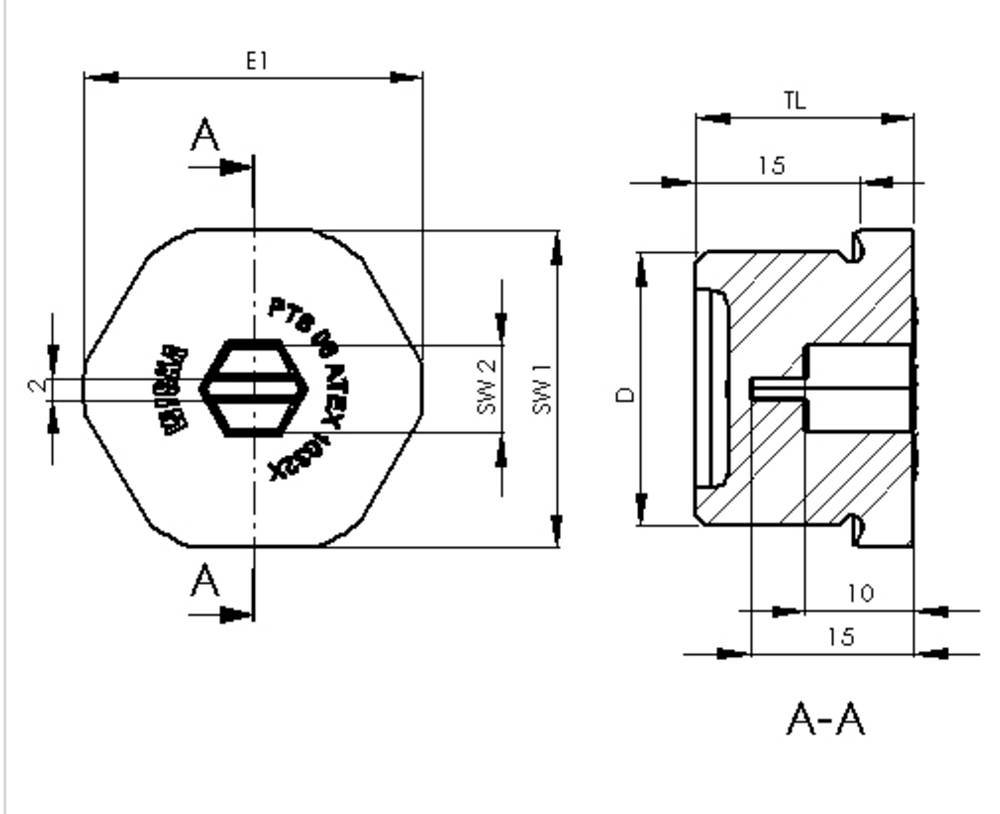 Technical drawing of a hexagonal threaded sleeve: shows front and side view with dimensions, cross-section A-A and technical specifications.