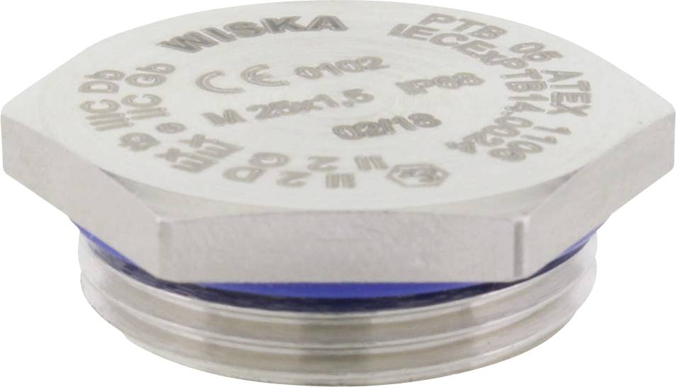 A silver, metallic blanking plug with markings for industrial applications, displaying certificates and safety classifications.