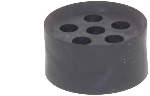 Round, black rubber stopper with six holes arranged in two rows.