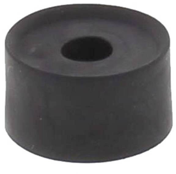 Black, cylindrical rubber stopper with a central hole, against a white background.