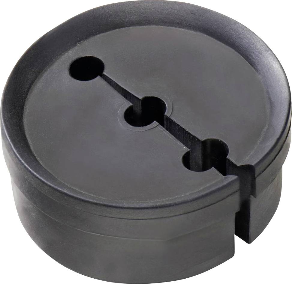 'Round, black electrical cable organiser with three side slots and central mounting hole, suitable for cable management.'