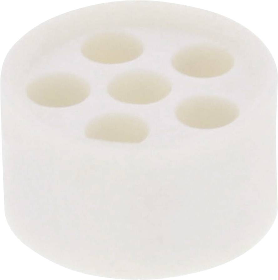 White, round device with six circular indentations on top.