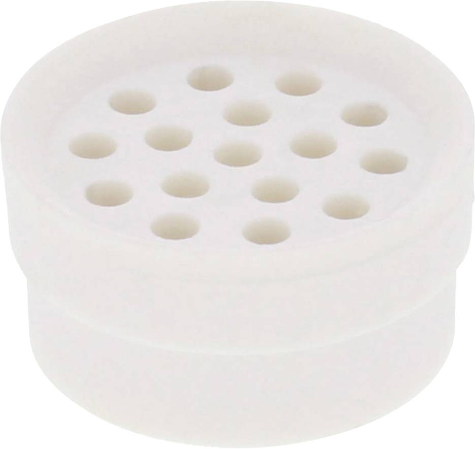 A circular white plastic lid with 13 evenly distributed holes, likely part of a dispensing item.