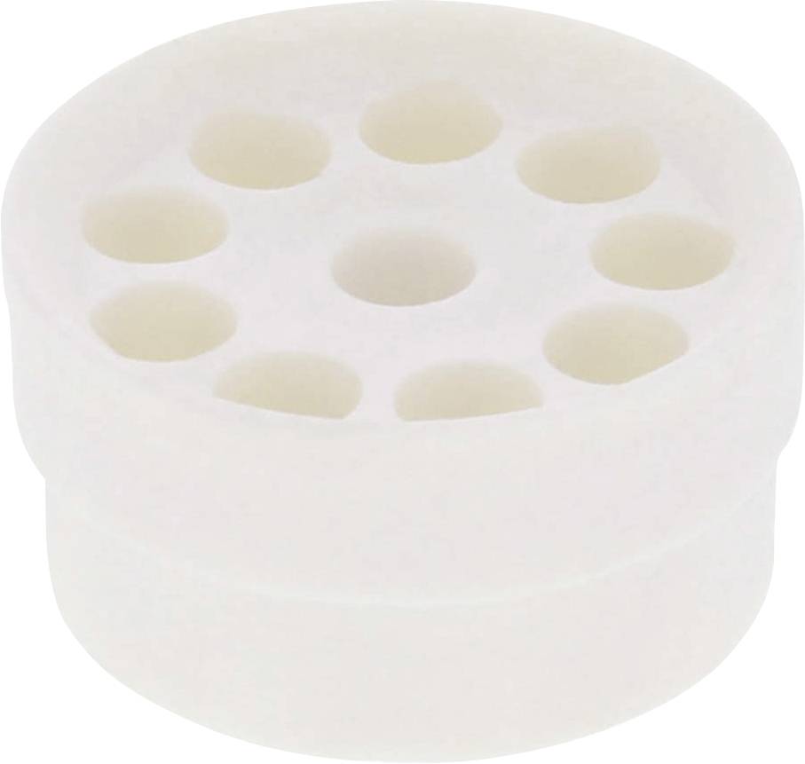 A round, white plastic object with nine evenly distributed holes arranged concentrically.