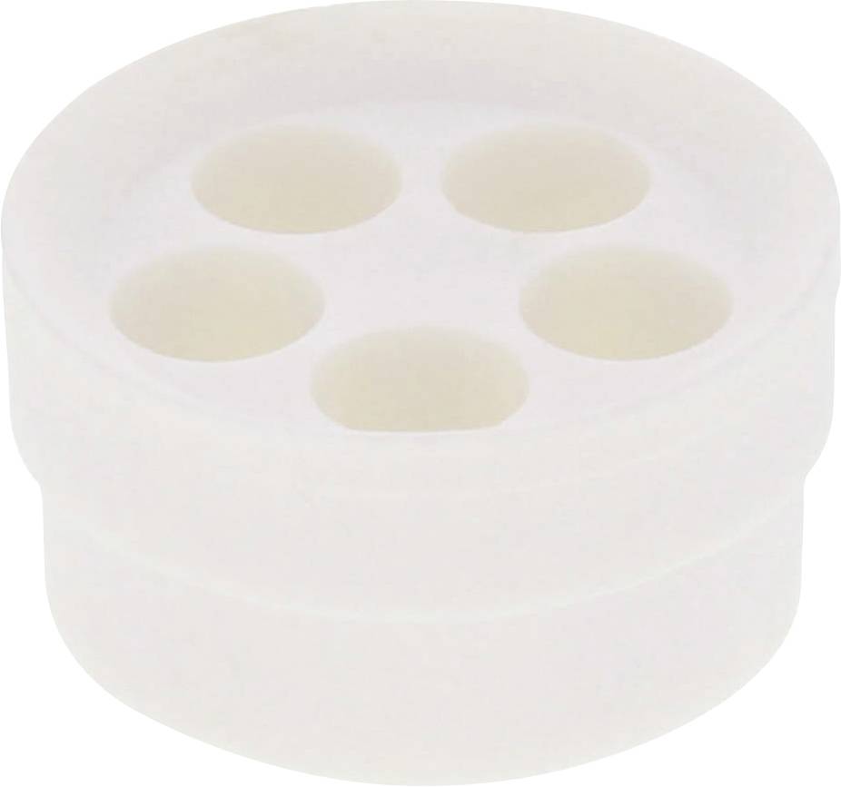 A white plastic lid with four round holes arranged in a square formation, likely part of a container seal.