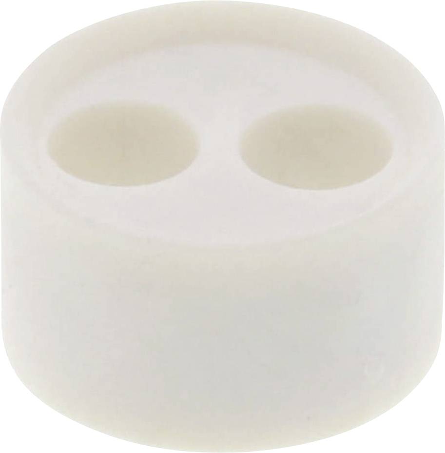 White, round plastic block with two holes at the top.