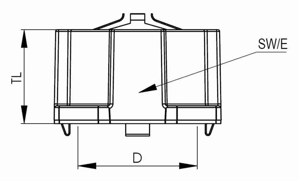 Technical drawing of a component with dimensions. Marked are 'TL', 'SW/E' and 'D'. Top view shows two main sections.