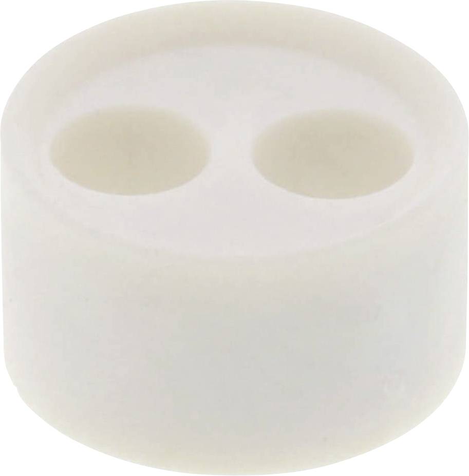A white, cylindrical object with two round, equally sized indentations on the top surface.