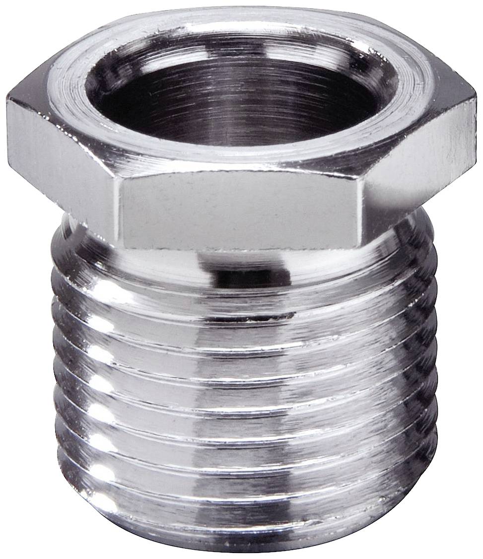 A metallic hexagonal blanking plug with threaded grooves, commonly used for sealing pipes or as an end cap.